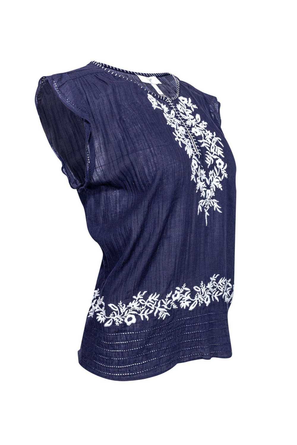 Joie - Navy Cotton Embroidered Short Sleeve Top S… - image 2