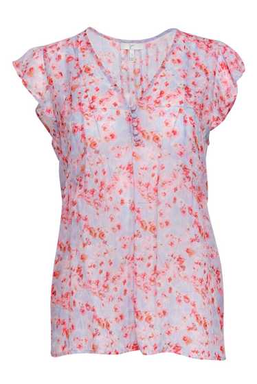 Joie - Pink & Blue Floral Print Cap Sleeve Silk Bl