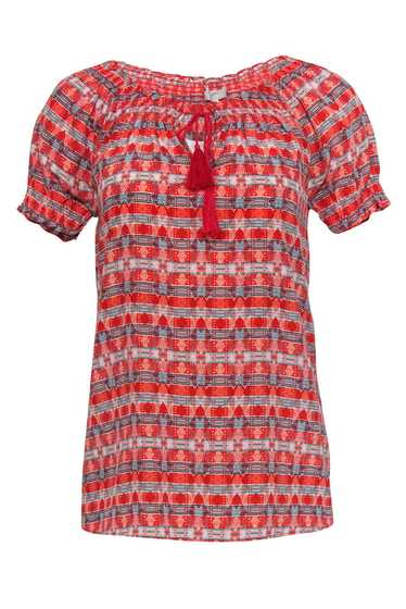 Joie - Red & Blue Patterned Silk Peasant Top Sz XX