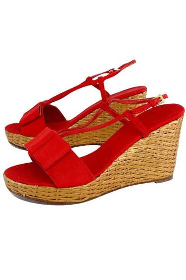 Kate Spade - Red Canvas Bow & Woven Straw Wedges S