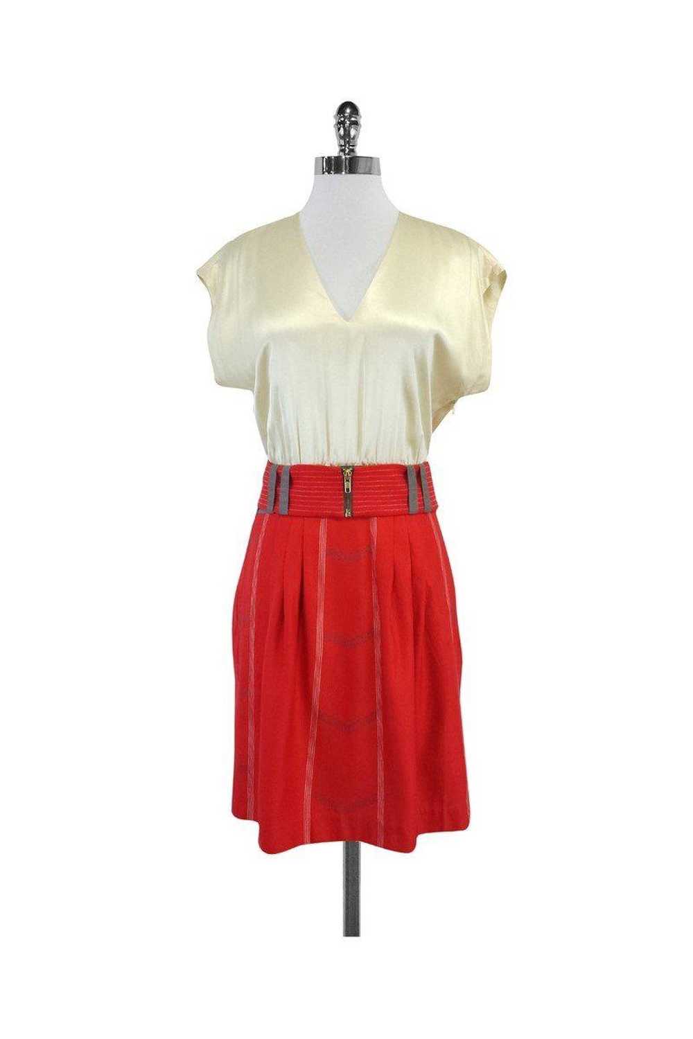 Lauren Moffatt - Red & Cream Silk Belted Dress Sz… - image 1