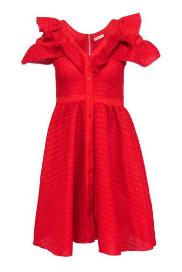 Maje - Red Textured Ruffle Cold Shoulder Button-Up