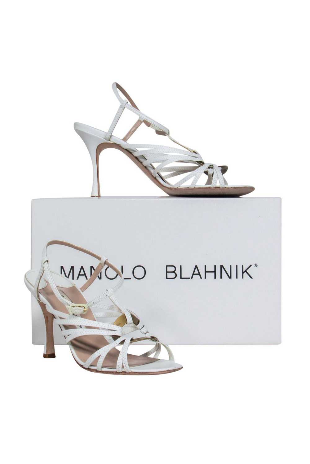 Manolo Blahnik - White Strappy Pumps w/ Brass Rin… - image 1