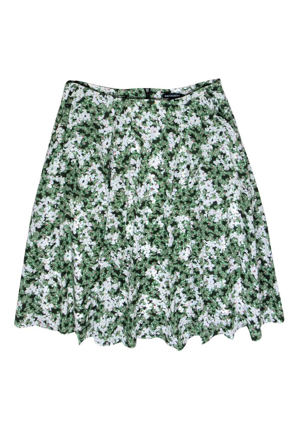 Marimekko - Green & White Floral Print Pleated Mi… - image 1