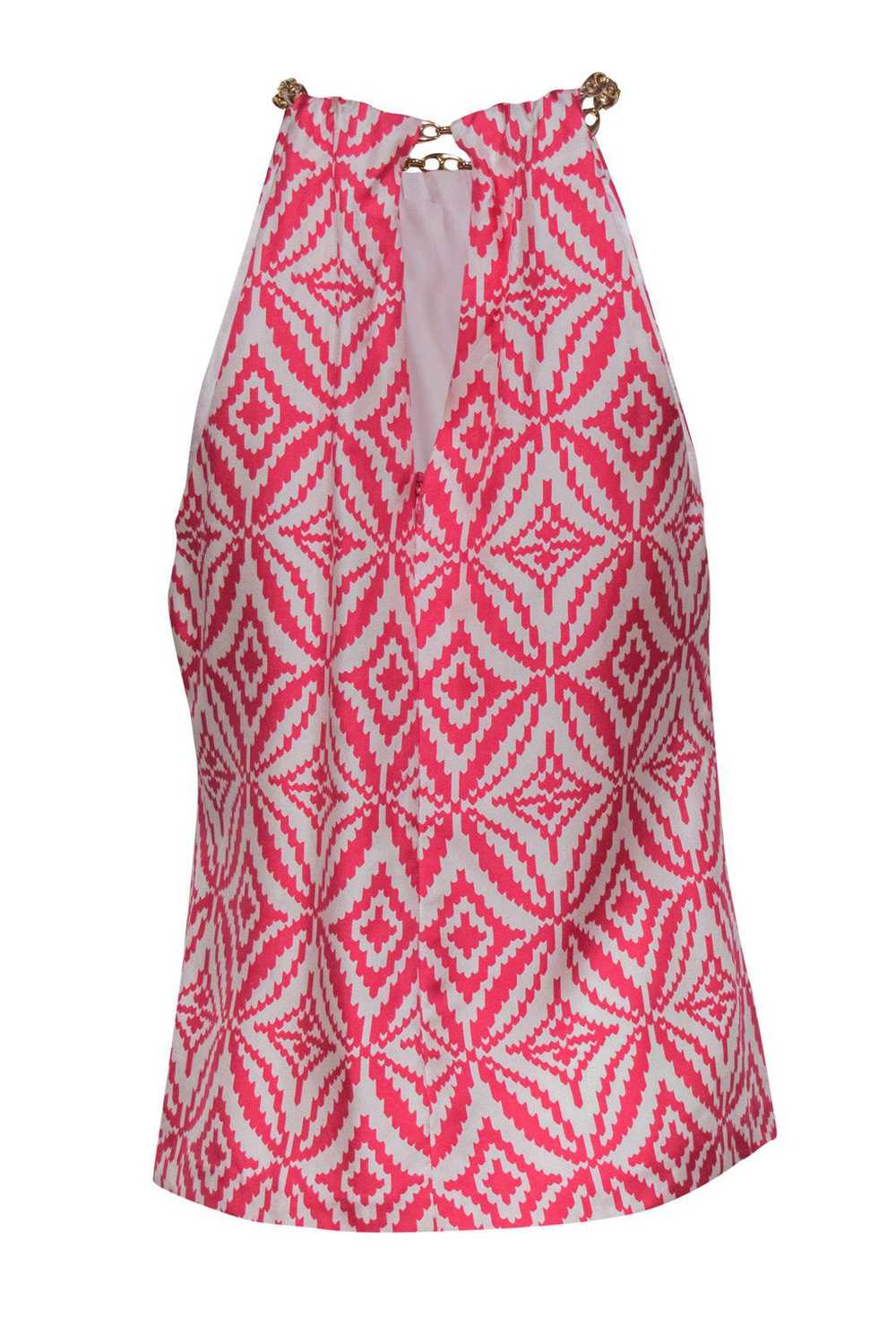 Milly - Pink & White Printed Silk Halter Top w/ C… - image 3