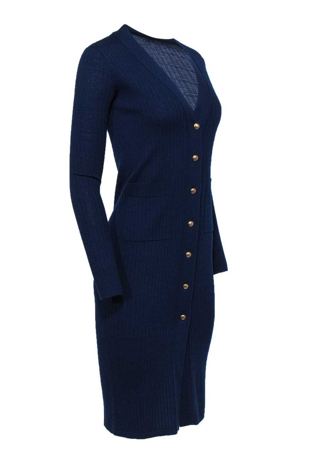 MO&Co. - Navy Blue Ribbed Knit Midi Dress w/ Butt… - image 2