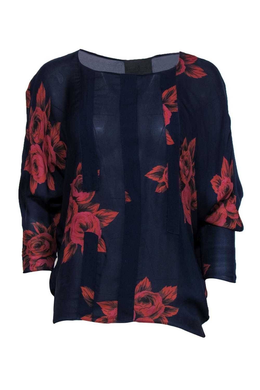 No.6 - Navy & Rust Floral Print Long Sleeve Silk … - image 1