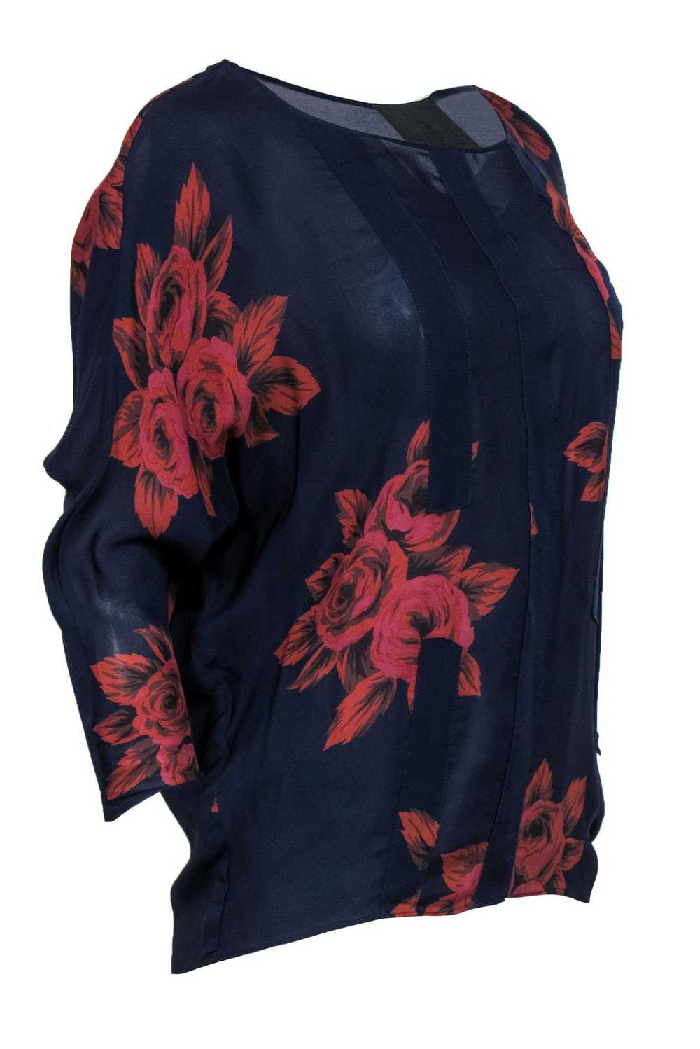 No.6 - Navy & Rust Floral Print Long Sleeve Silk … - image 2