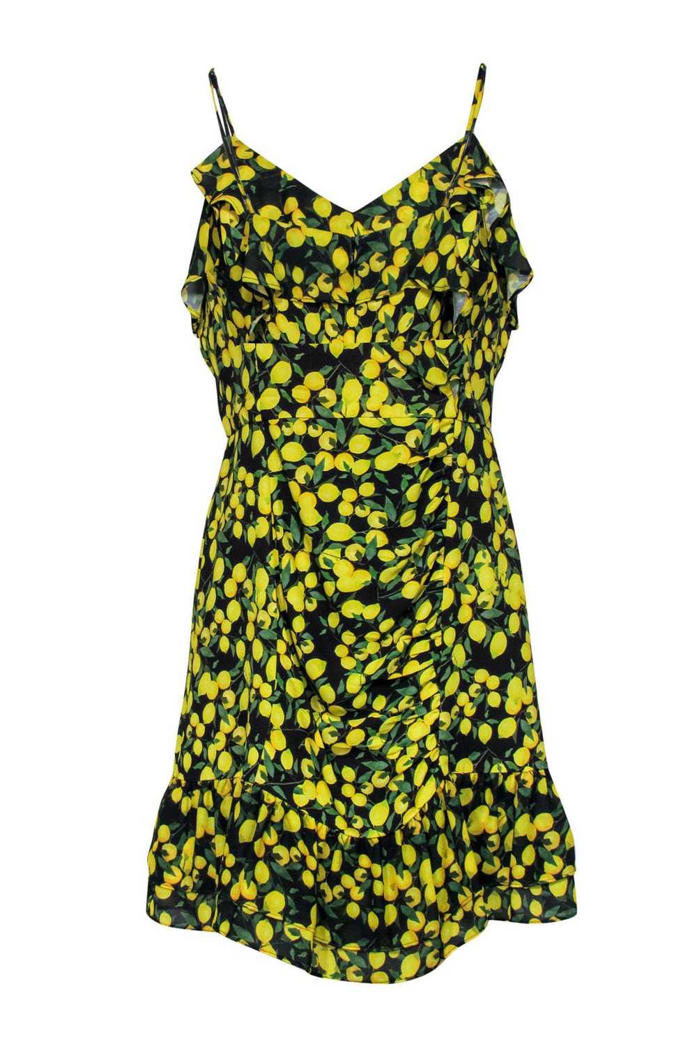 Parker - Black & Yellow Lemon Print Ruched Sheath… - image 1