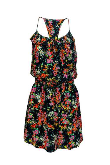 Parker - Black Silk Dress w/ Multicolor Floral Pr… - image 1