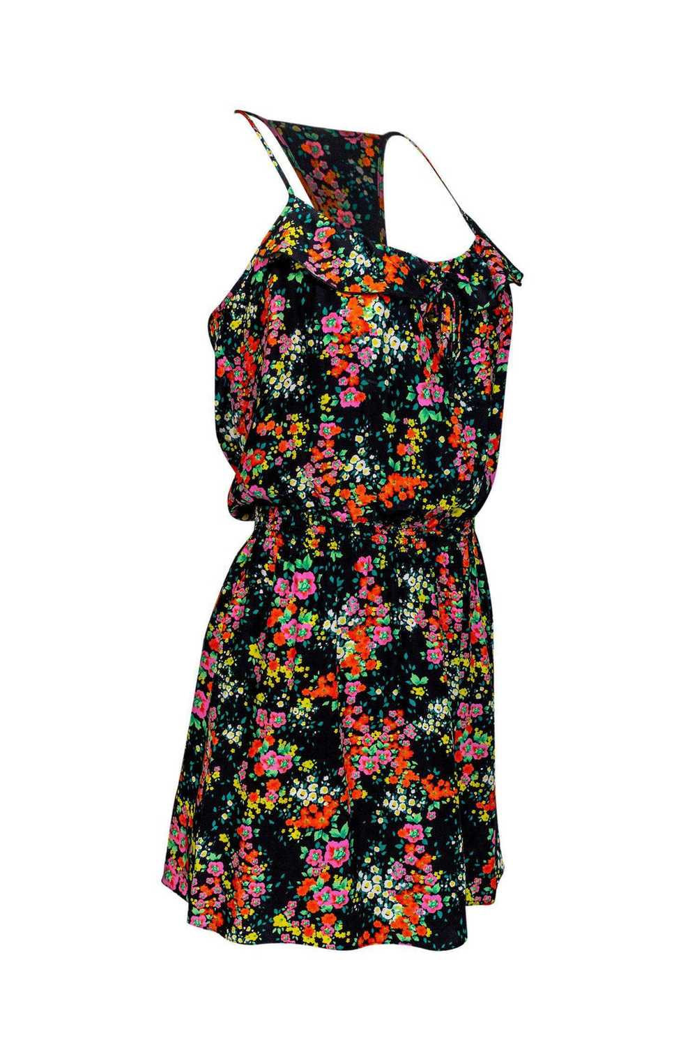 Parker - Black Silk Dress w/ Multicolor Floral Pr… - image 2