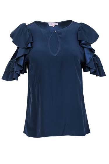 Parker - Navy Silk Cold Shoulder Blouse w/ Ruffles