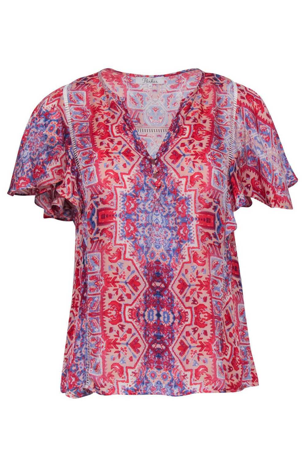 Parker - Red & Blue Ruffle Sleeve Printed Blouse … - image 1