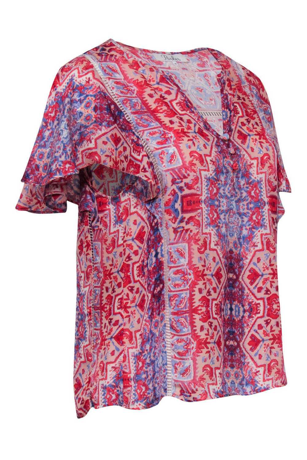Parker - Red & Blue Ruffle Sleeve Printed Blouse … - image 2