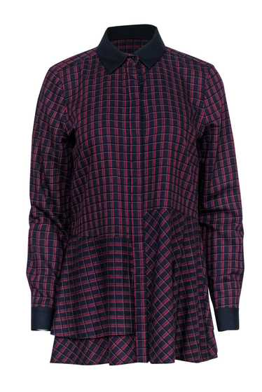 Per Se - Navy & Red Plaid Button-Up Collared Blous