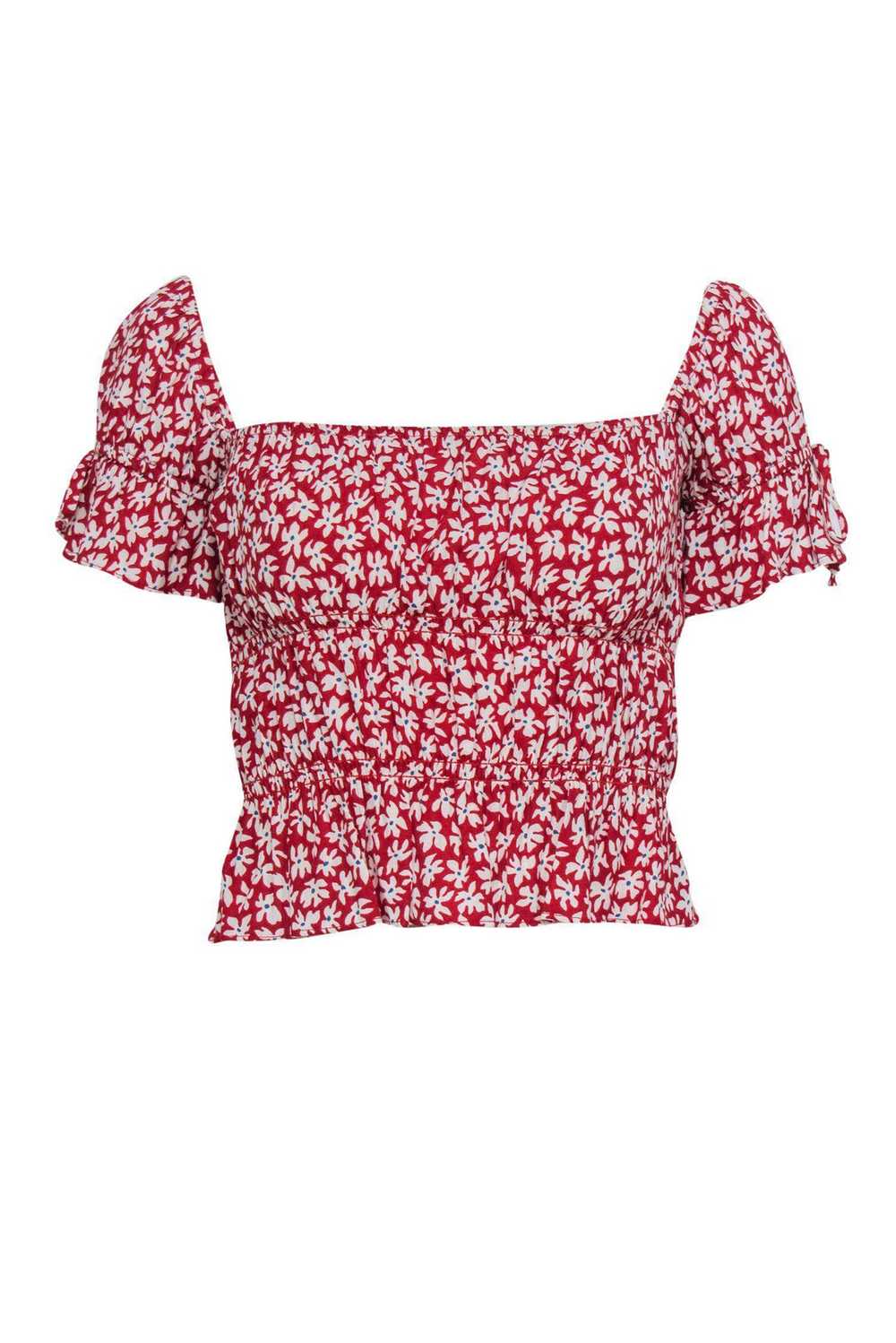 Reformation - Red & White Floral Print Short Slee… - image 1