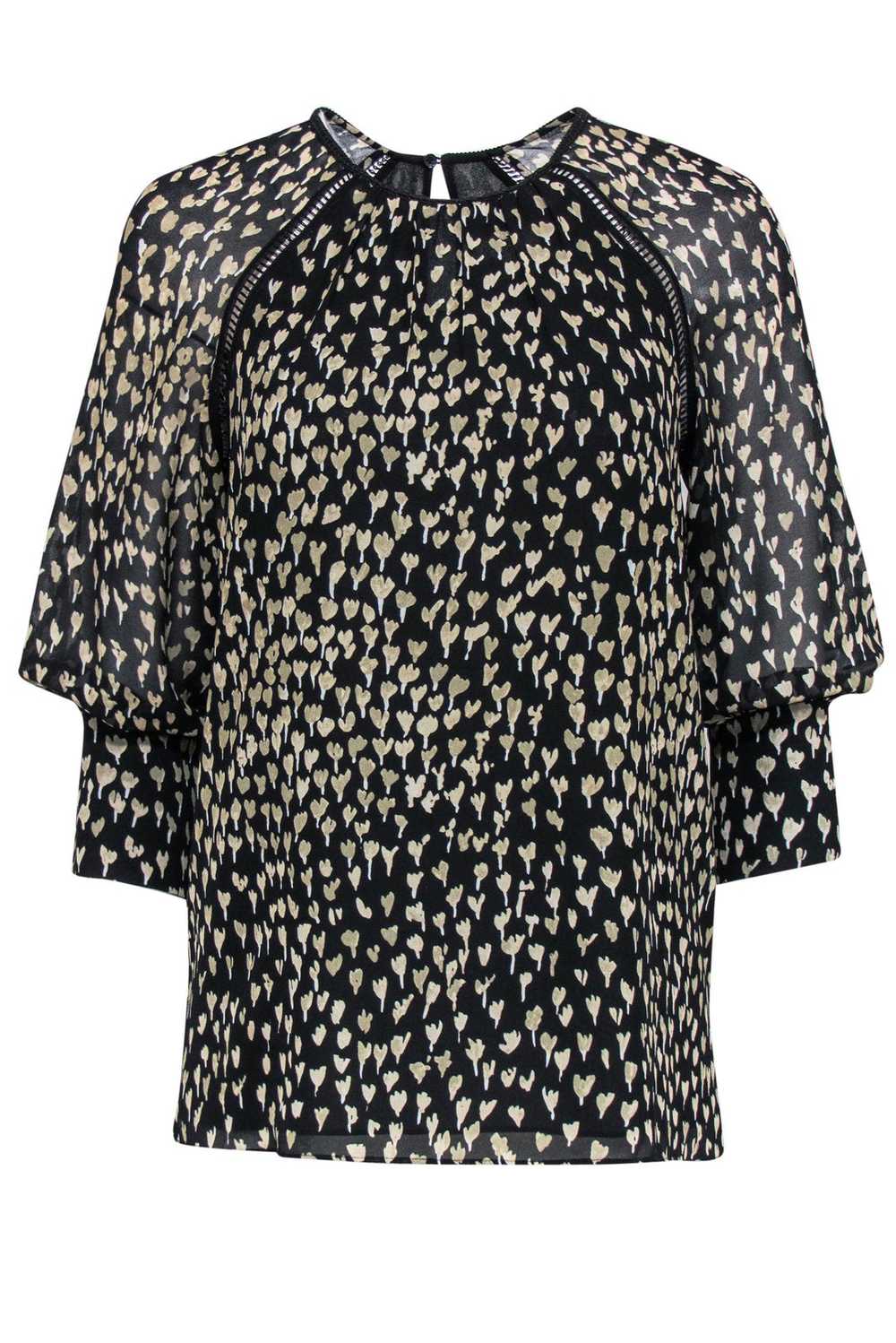 Reiss - Black & Taupe Floral Print Silky Peasant … - image 1