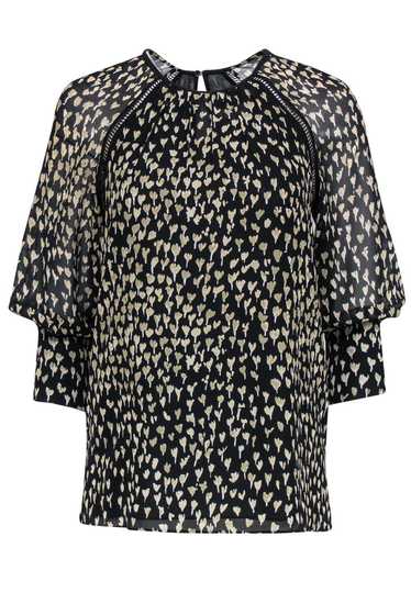 Reiss - Black & Taupe Floral Print Silky Peasant T