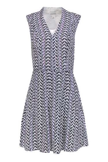 Reiss - White Silk Dress w/ Black & Purple Zig-Zag