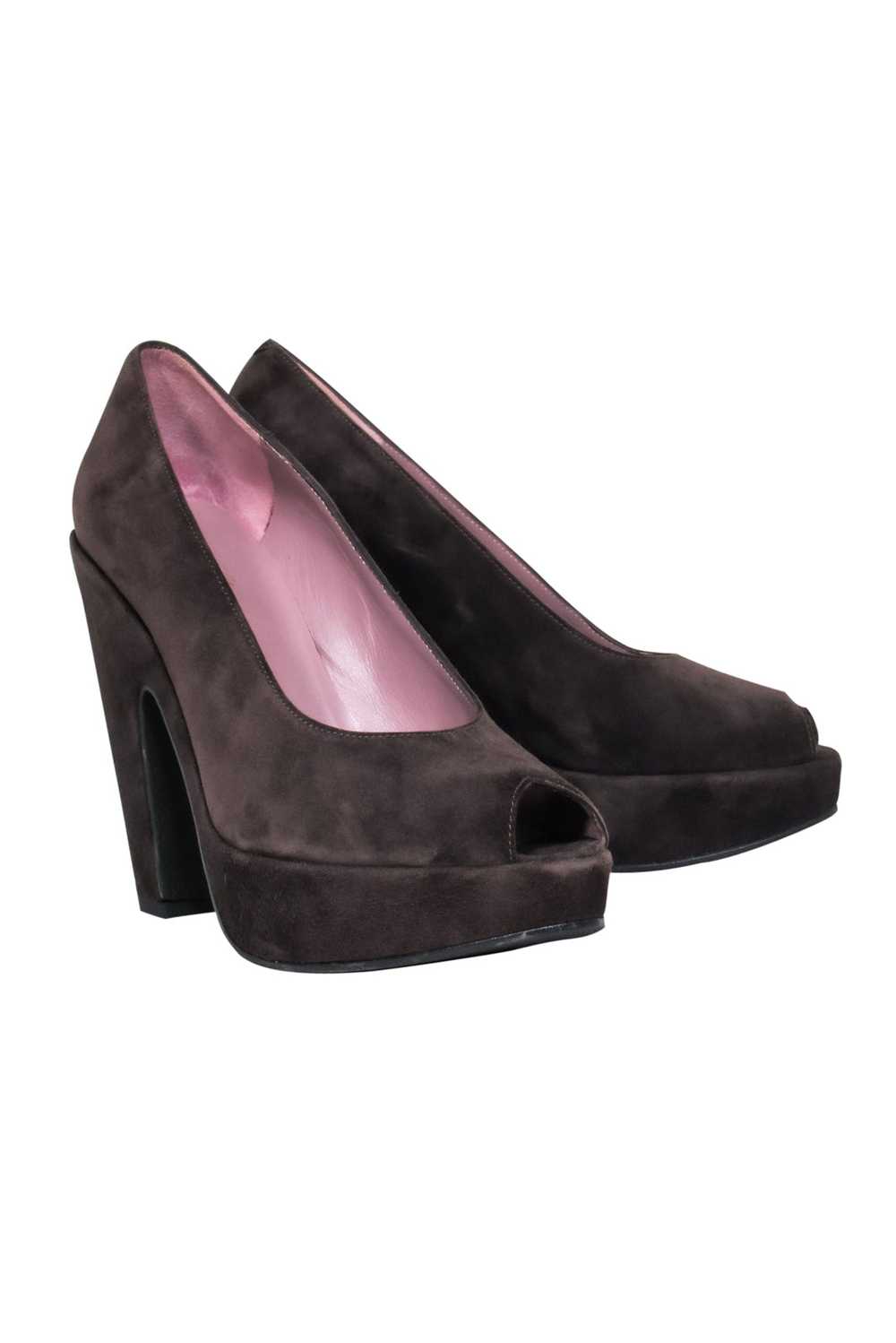 Robert Clergerie - Brown Sued Peep-Toe Block Heel… - image 1