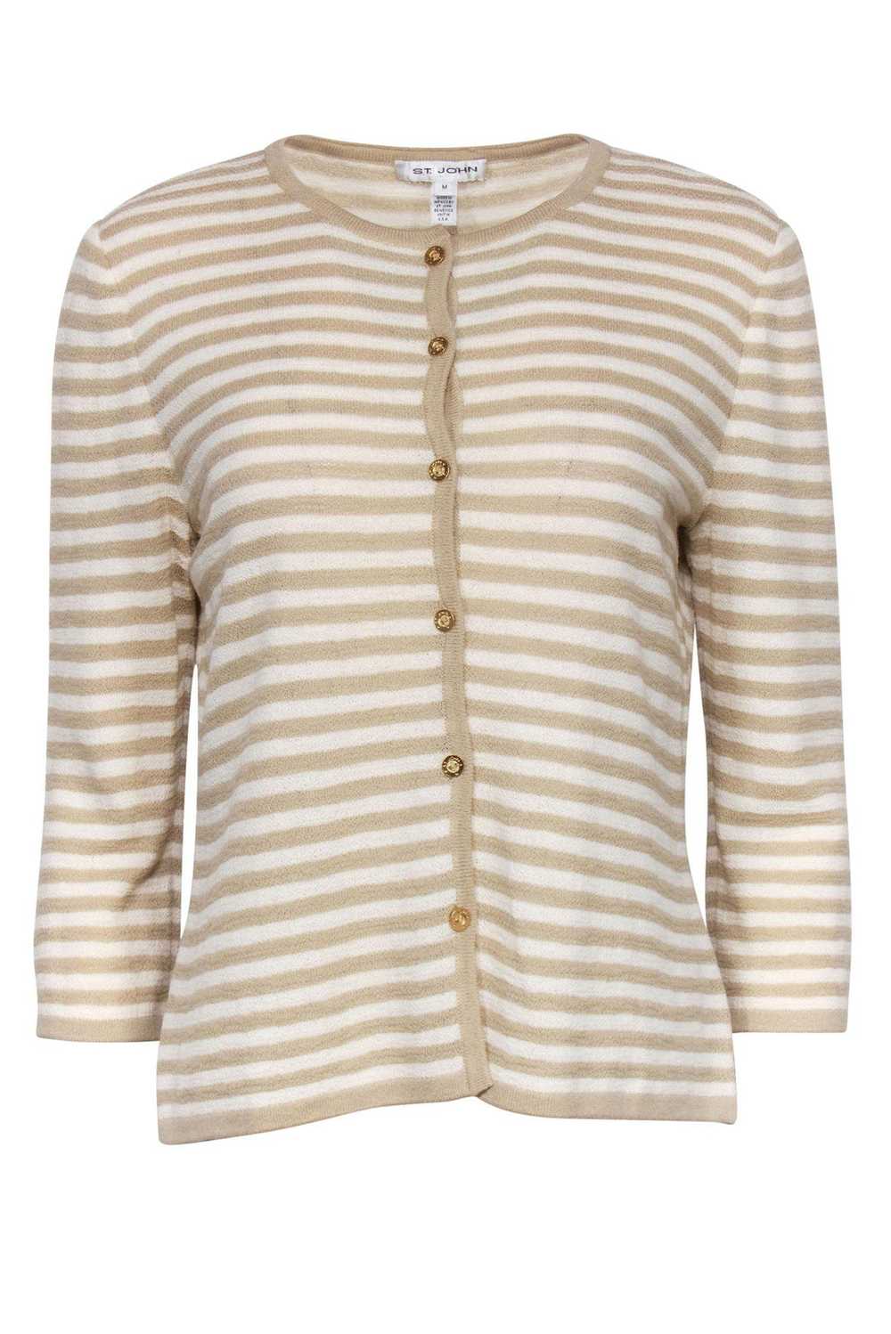 St. John - Beige & White Striped Knit Button-Up C… - image 1