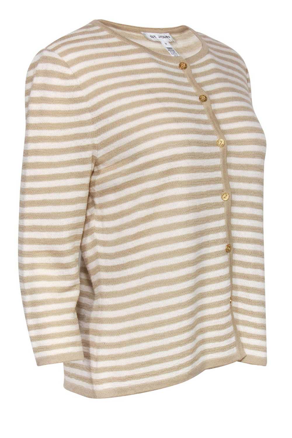 St. John - Beige & White Striped Knit Button-Up C… - image 2