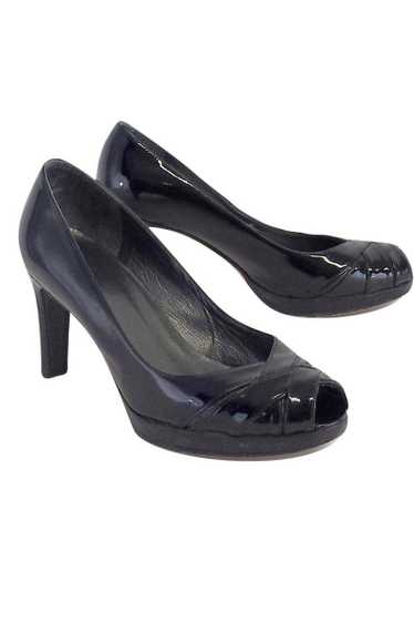 Stuart Weitzman - Black Patent Woven Peep Toe Heel