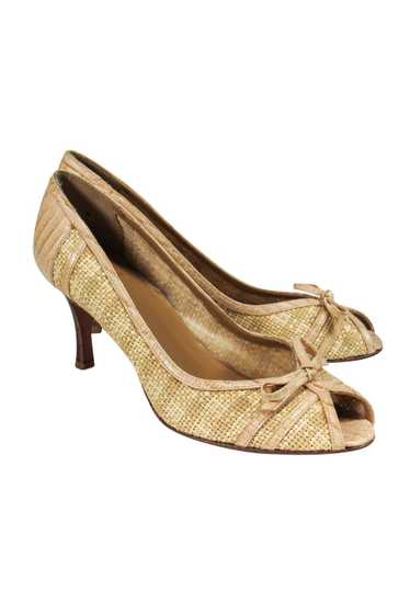 Stuart Weitzman - Tan Wicker Woven Peep-Toe Pumps 