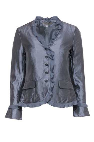 Teri Jon - Blueish Silver Silk Blend Ruffle Jacket