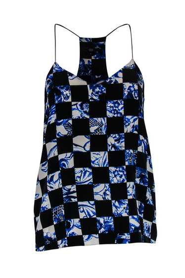 Tibi - Black & Blue Floral Checkerboard Silk Tank 