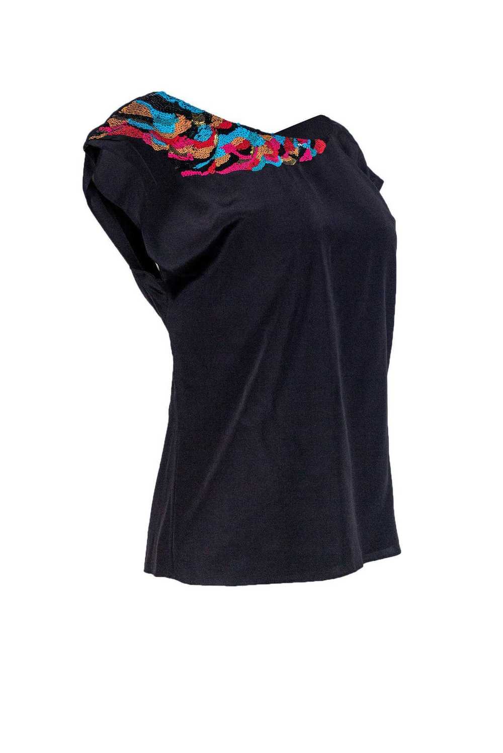 Tibi - Black Silk Sleeveless Blouse w/ Multicolor… - image 2