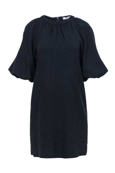 Tibi - Navy Textured Shift Dress w/ Puffed Sleeves