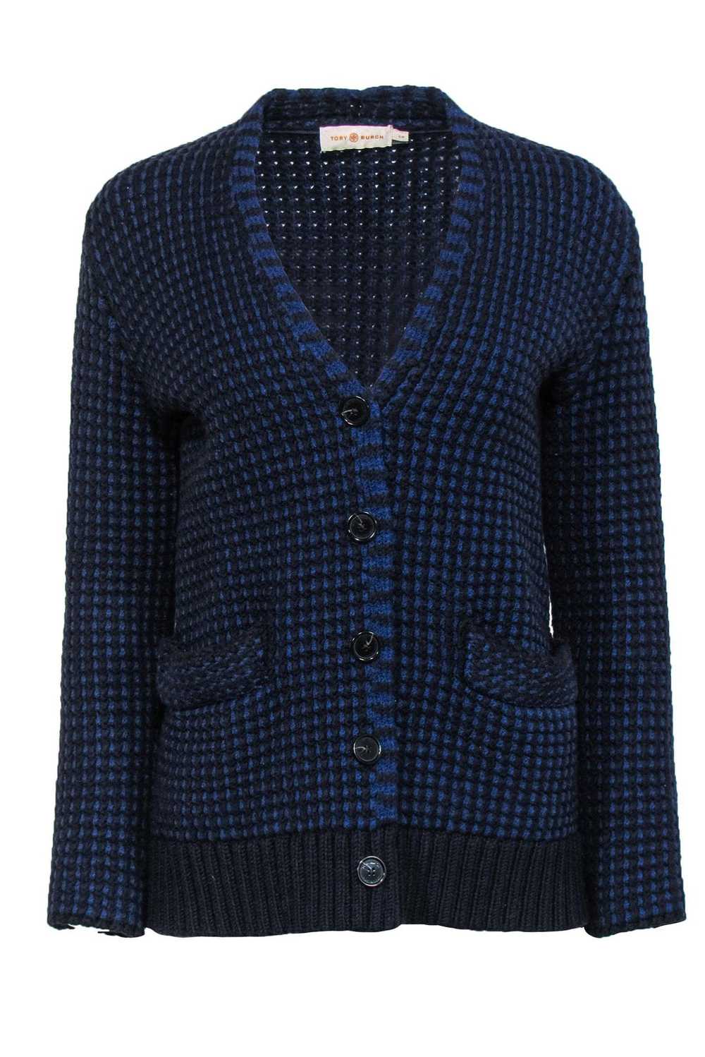 Tory Burch - Blue & Black Waffle Knit Merino Wool… - image 1