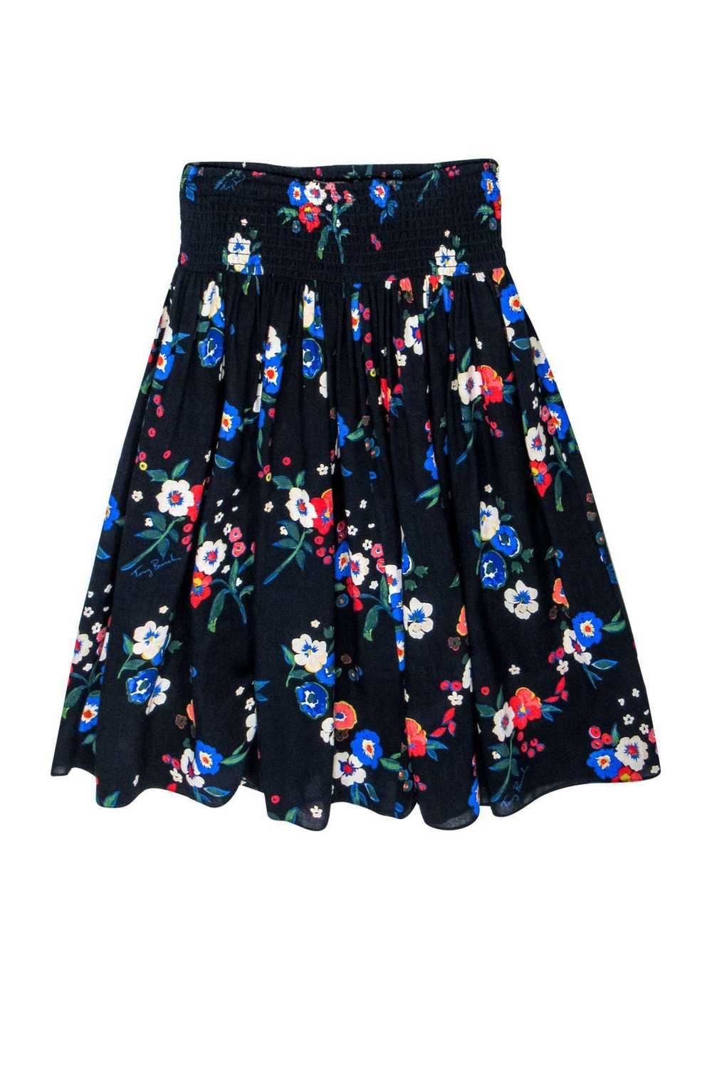 Tory Burch - Navy Floral Smocked Waist Skirt Sz 4 - image 1