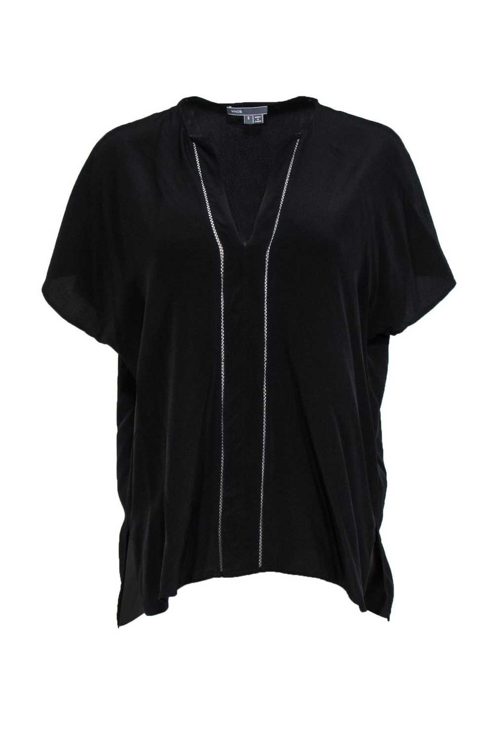 Vince - Black Short Sleeve Silk Top w/ Stitching … - image 1