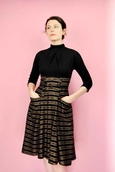 1950s Vintage Black and Coppery-Gold Cozy Dress wi