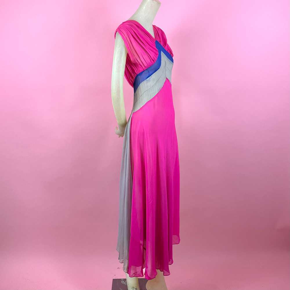 1930s Silk Chiffon Hot Pink/ Cobalt Blue Color Bl… - image 1