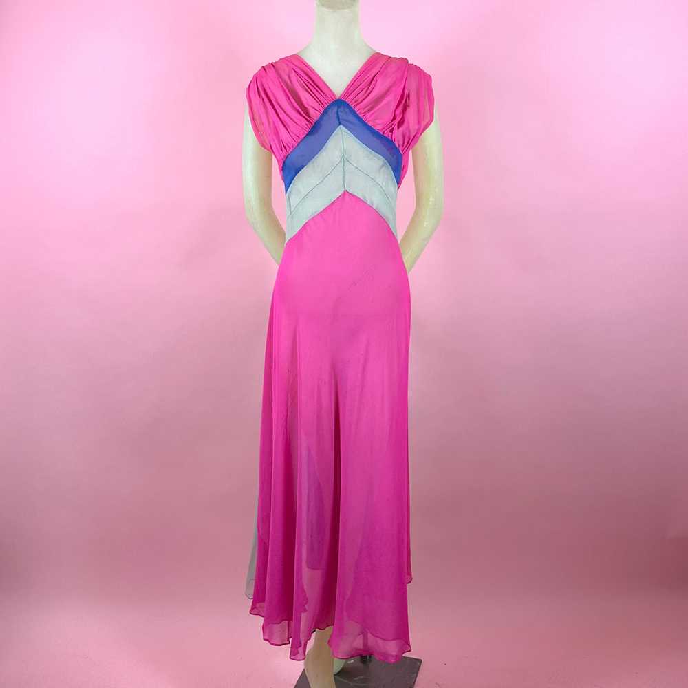 1930s Silk Chiffon Hot Pink/ Cobalt Blue Color Bl… - image 2