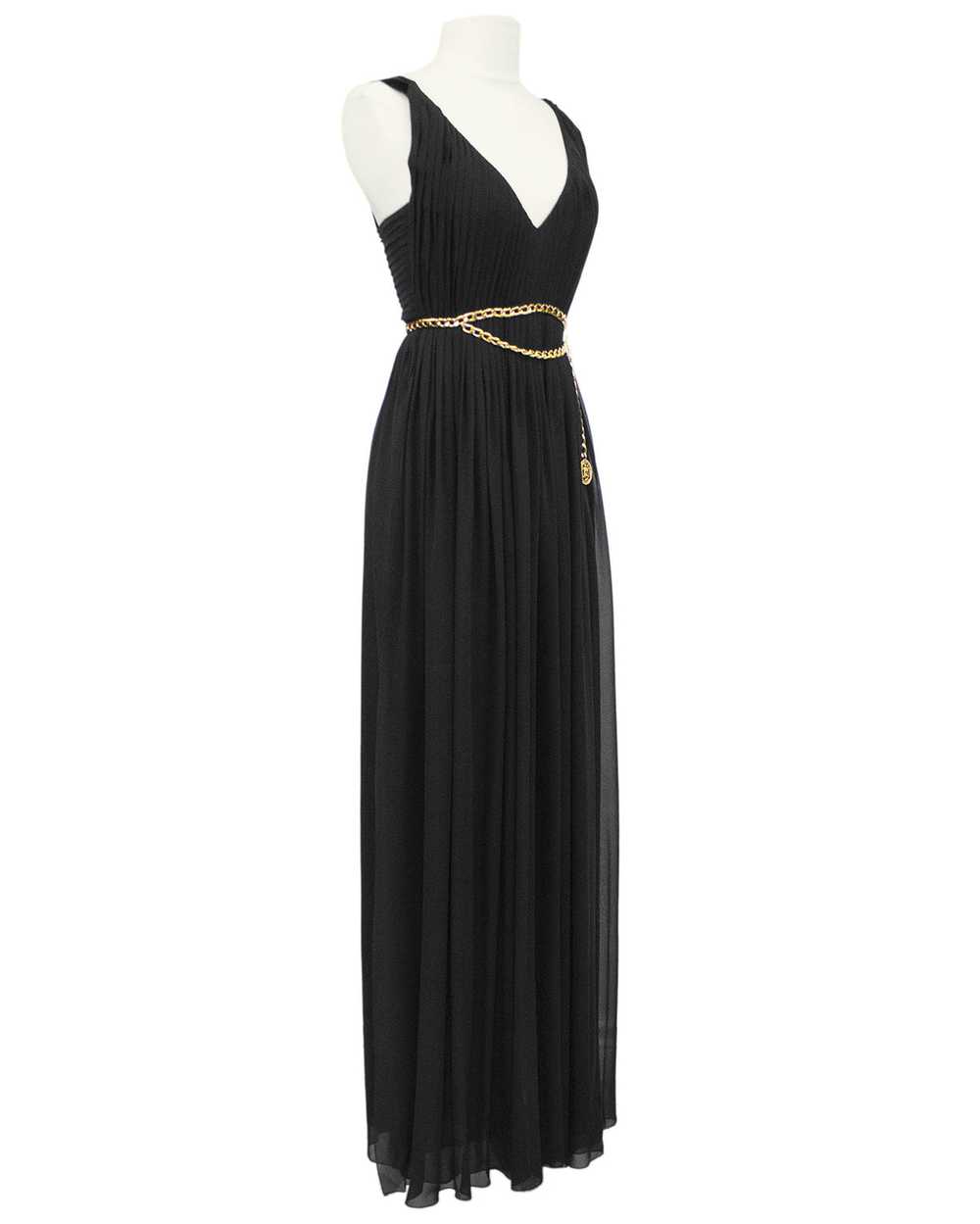Chanel Black Chiffon Gown with Gold Chain Belt - image 1
