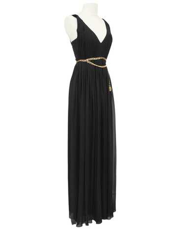 Chanel Black Chiffon Gown with Gold Chain Belt - image 1