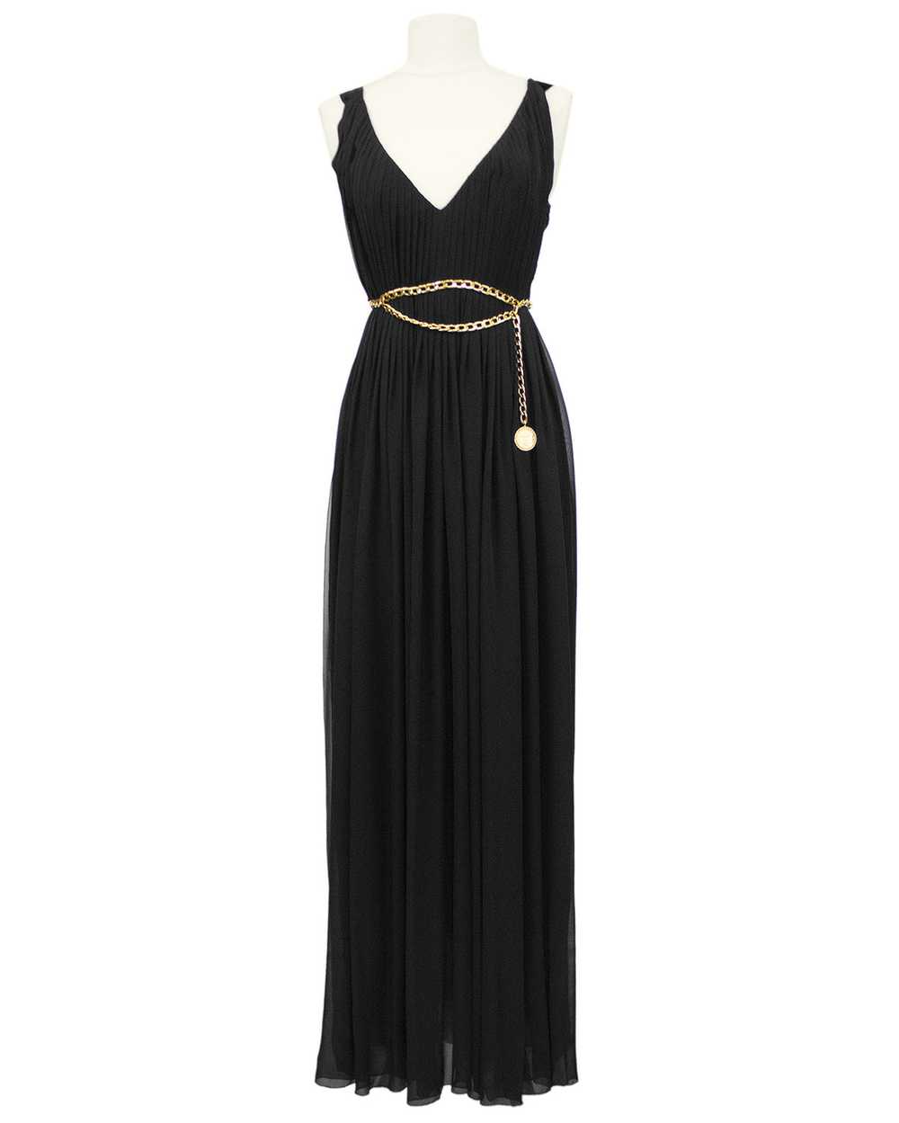 Chanel Black Chiffon Gown with Gold Chain Belt - image 3