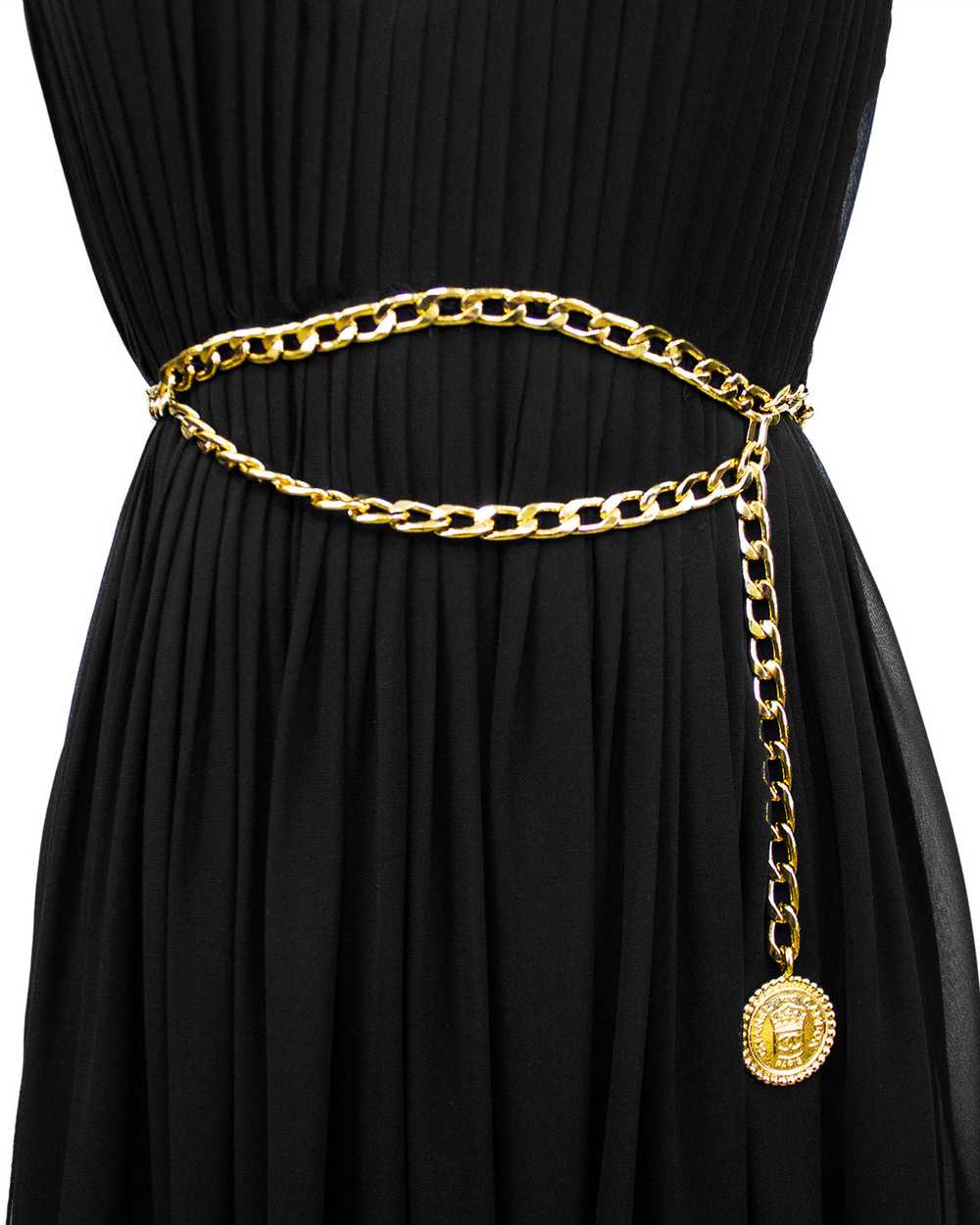 Chanel Black Chiffon Gown with Gold Chain Belt - image 5