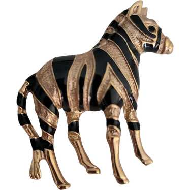 Krementz Gold Tone Black Enamel Zebra Brooch, Sign