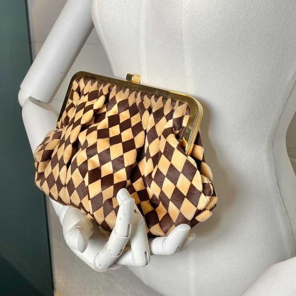 Vintage Harlequin Checkered Tan Brown Clutch Purse - image 1