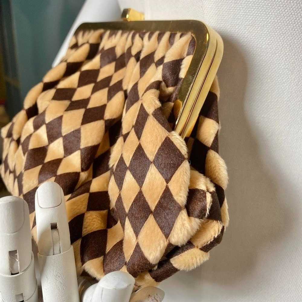 Vintage Harlequin Checkered Tan Brown Clutch Purse - image 2