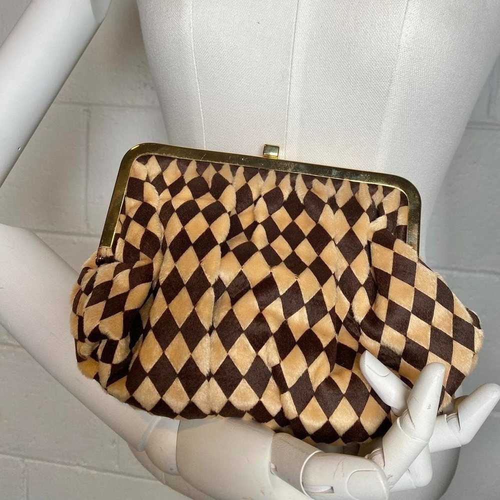 Vintage Harlequin Checkered Tan Brown Clutch Purse - image 3