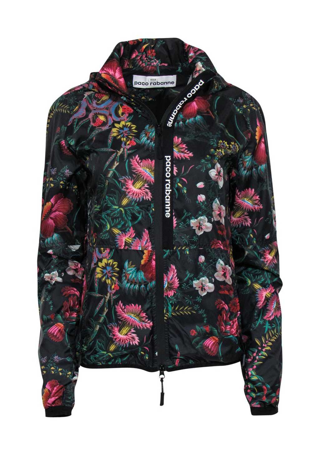 Paco Rabanne - Black & Multicolored Floral Print Zip-Up Hooded Nylon Windbreaker Sz M