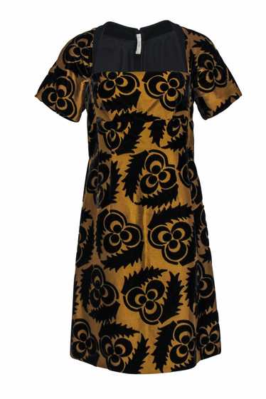 Prada - Gold & Black Silk Blend A-Line Dress w/ Ve