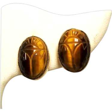 Vintage Amco Gold Filled Tigers Eye Scarab Caboch… - image 1