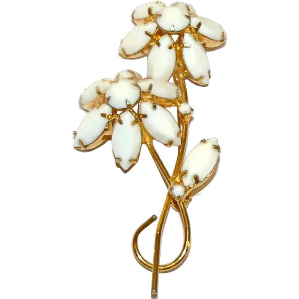 Milk Glass Rhinestone Flower Brooch - image 1